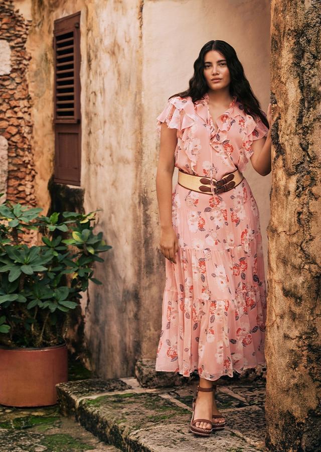 Tiered Floral Maxi Dress with Woven Belt Tiered Floral Maxi Dress with Woven Belt — Trendy Cottagecore Outfits