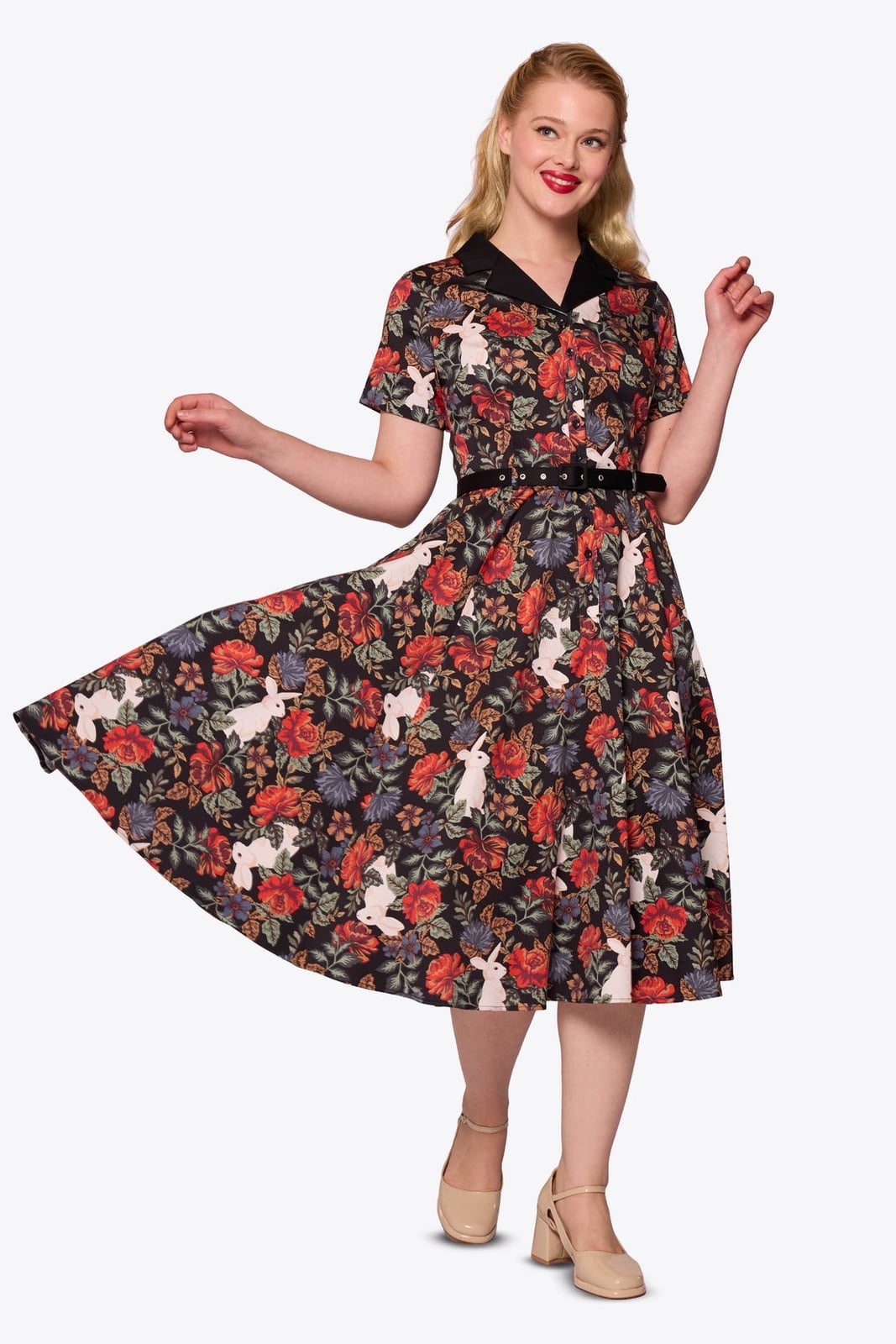 Collared Dress with Floral and Bunny Print Collared Dress with Floral and Bunny Print — Trendy Cottagecore Outfits