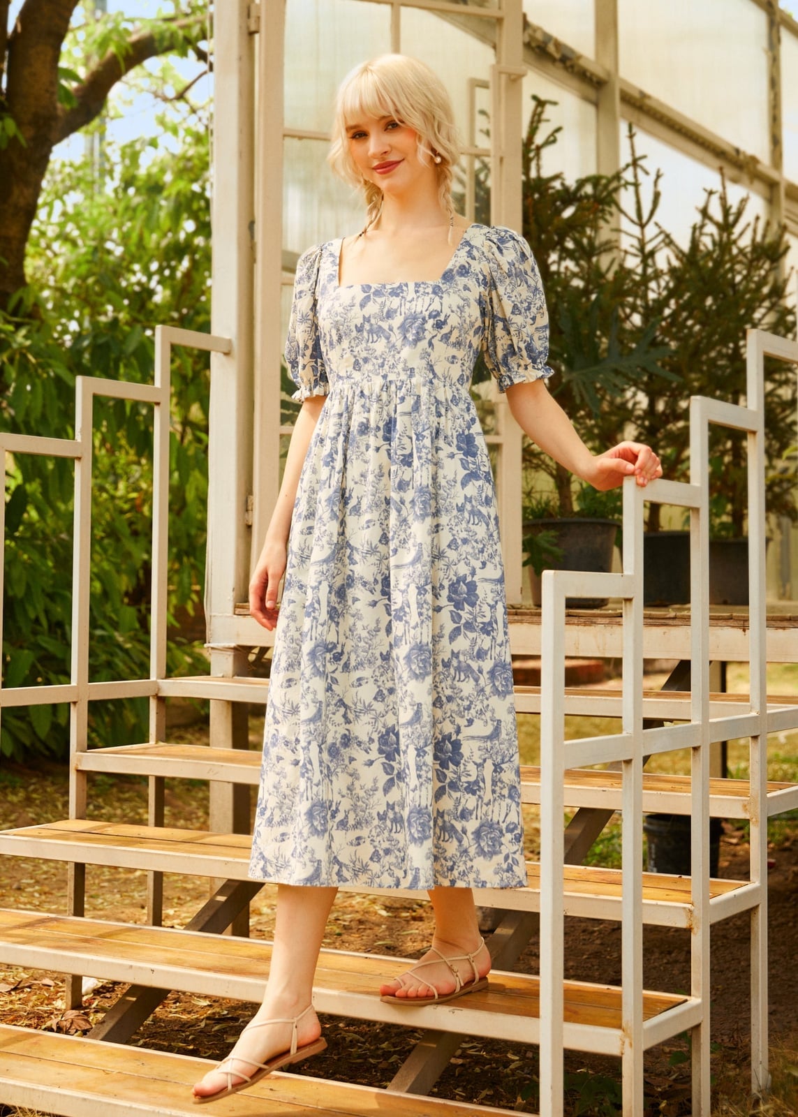 Blue Floral Print Midi Dress with Puff Sleeves Blue Floral Print Midi Dress with Puff Sleeves — Trendy Cottagecore Outfits