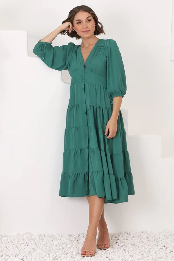 Green Tiered Midi Dress with Puff Sleeves Green Tiered Midi Dress with Puff Sleeves — Trendy Cottagecore Outfits