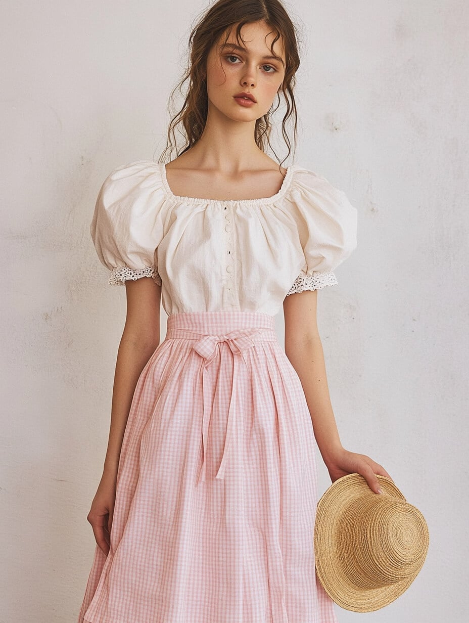White Puff Sleeve Blouse with Pink Gingham Skirt White Puff Sleeve Blouse with Pink Gingham Skirt — Trendy Cottagecore Outfits