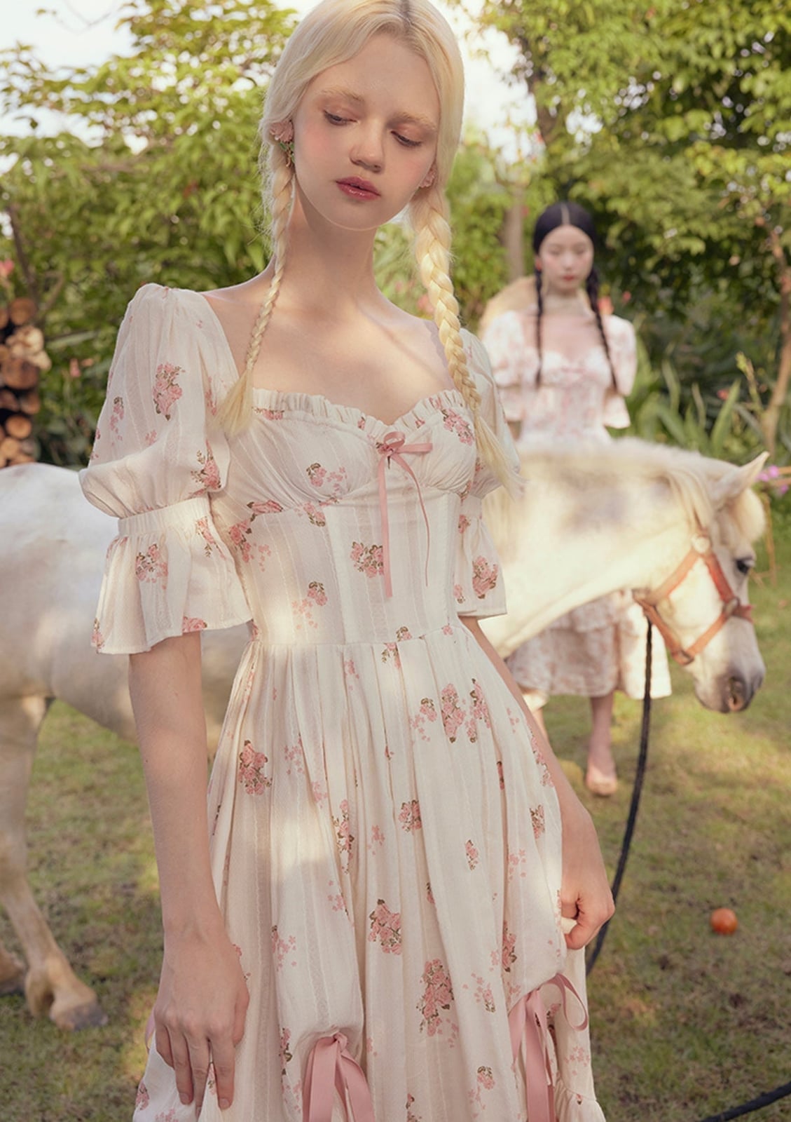 Cream Puff-Sleeve Corset Dress with Floral Print Cream Puff-Sleeve Corset Dress with Floral Print — Trendy Cottagecore Outfits