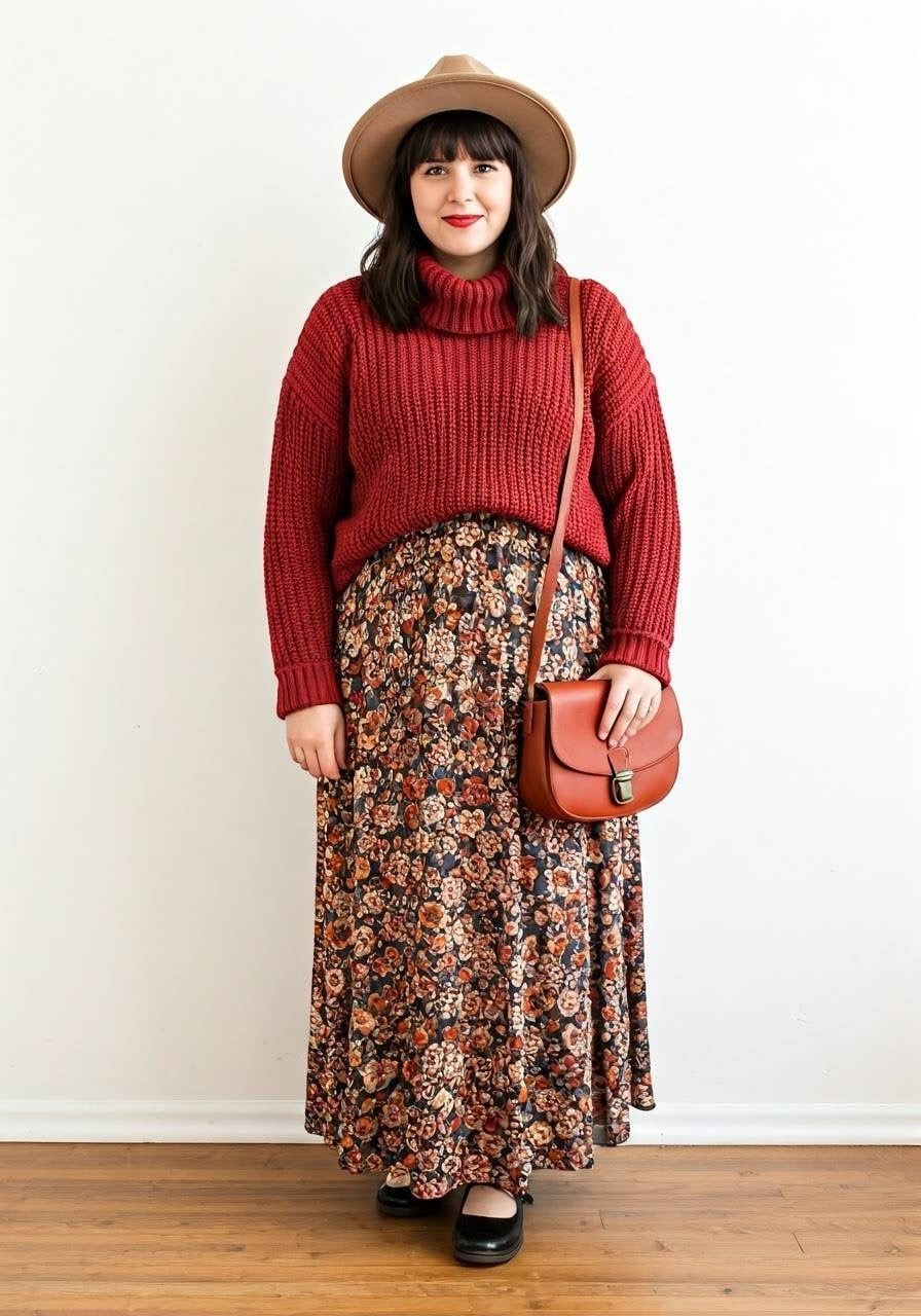 Red Turtleneck Sweater with Dark Floral Maxi Skirt Red Turtleneck Sweater with Dark Floral Maxi Skirt — Trendy Cottagecore Outfits