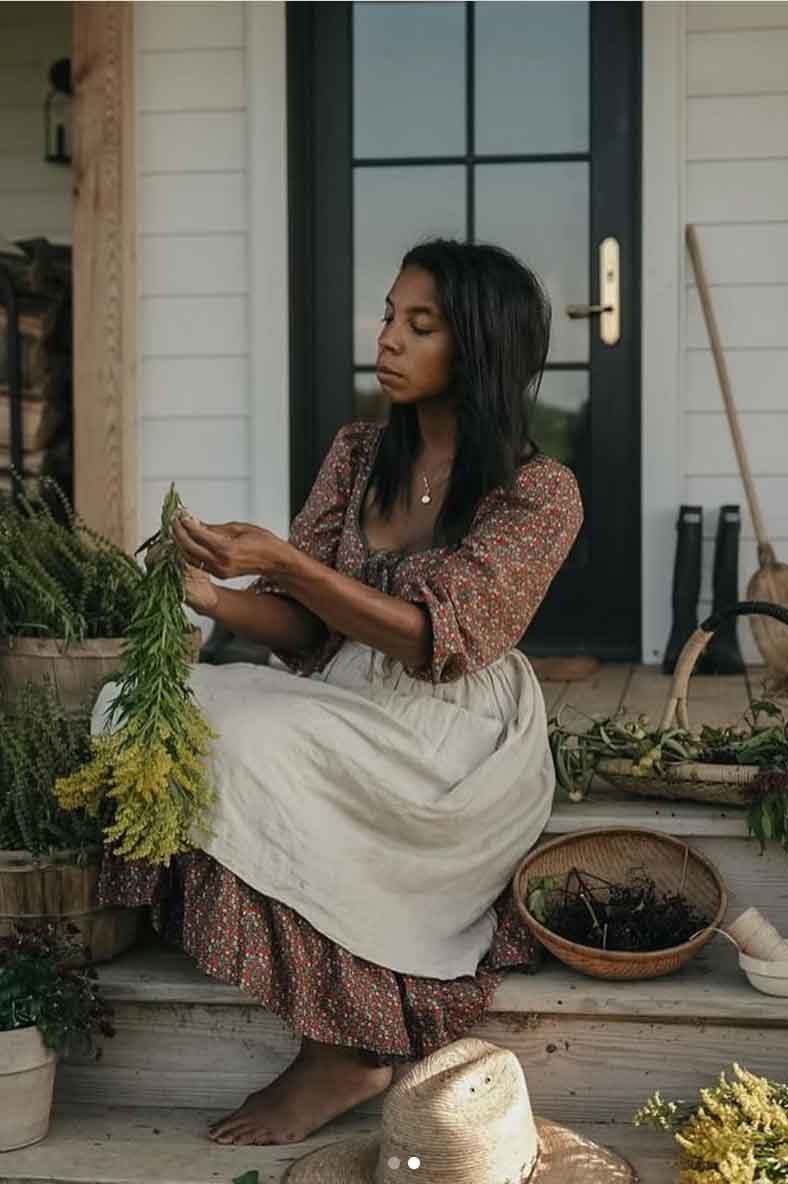 Floral Print Blouse Under a Linen Apron Skirt Floral Print Blouse Under a Linen Apron Skirt — Trendy Cottagecore Outfits