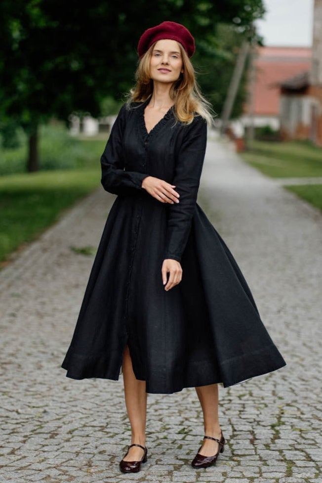Black Linen Button-Front Dress with Flared Skirt Black Linen Button-Front Dress with Flared Skirt — Trendy Cottagecore Outfits