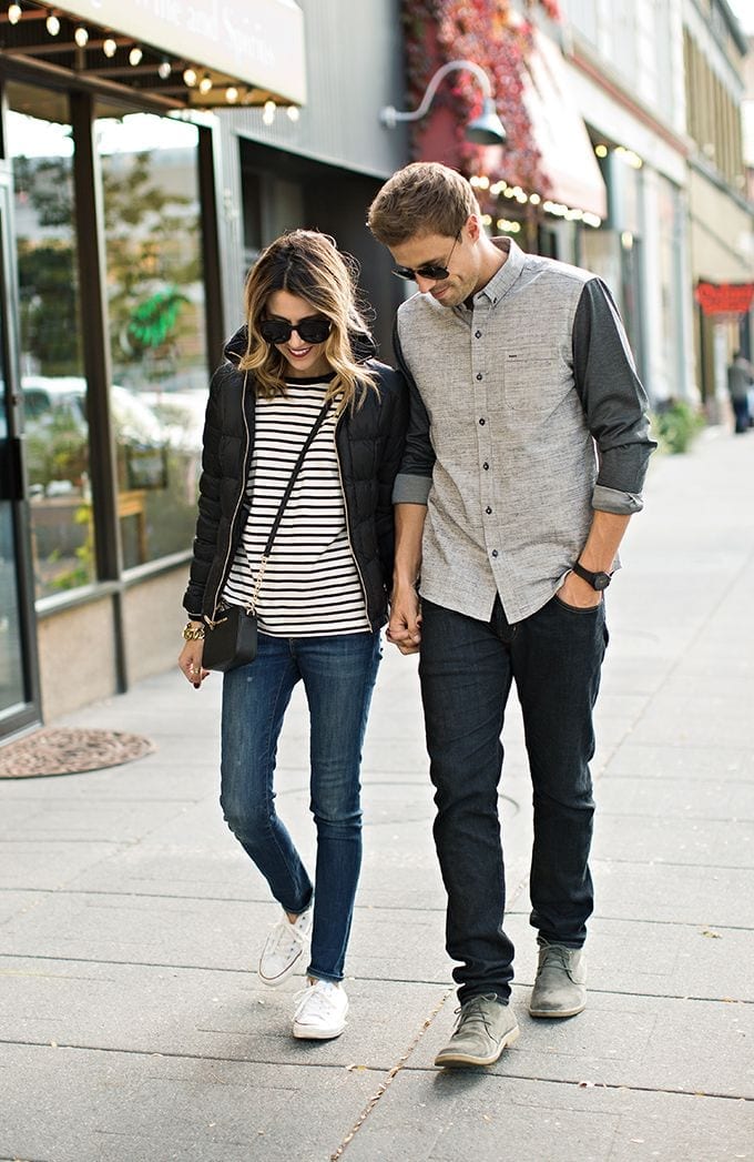 Casual Black Puffer With Striped Top Casual Black Puffer With Striped Top — Trendy Couple Outfit