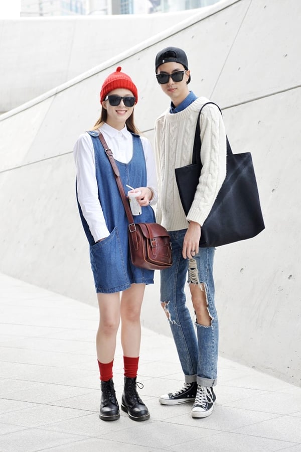Denim Overall Dress With Cable-Knit Sweater Denim Overall Dress With Cable-Knit Sweater — Trendy Couple Outfit