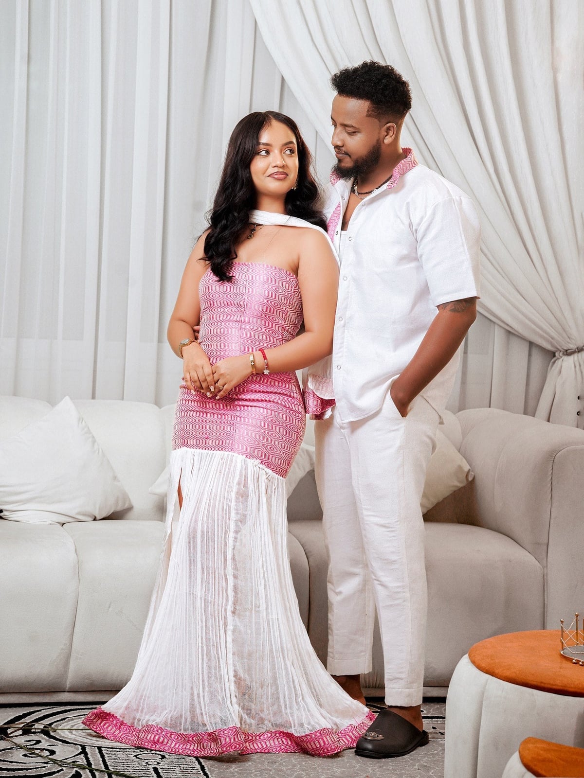 Modern Ethnic Wear Pink Patterned Dress Trendy Couple Outfit