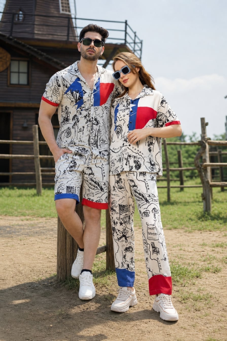 Printed Graphic Co-ord Sets Printed Graphic Co-ord Sets — Trendy Couple Outfit