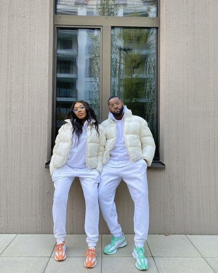 Matching All-White Puffer Jacket Set, Close-Up Take Matching All-White Puffer Jacket Set, Close-Up Take — Trendy Couple Outfit