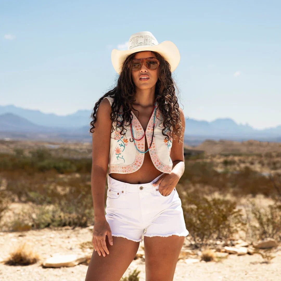 Embroidered Cropped Vest With Bralette And Shorts — Trendy Cowgirl Outfits