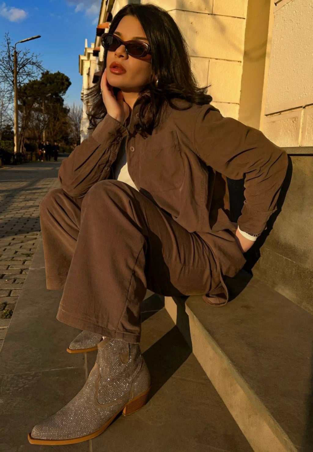 Corduroy Shirt And Pants With Silver Cowboy Boots — Trendy Cowgirl Outfits
