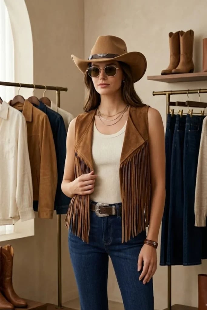 Fringe Suede Vest With Jeans And Cowboy Hat — Trendy Cowgirl Outfits