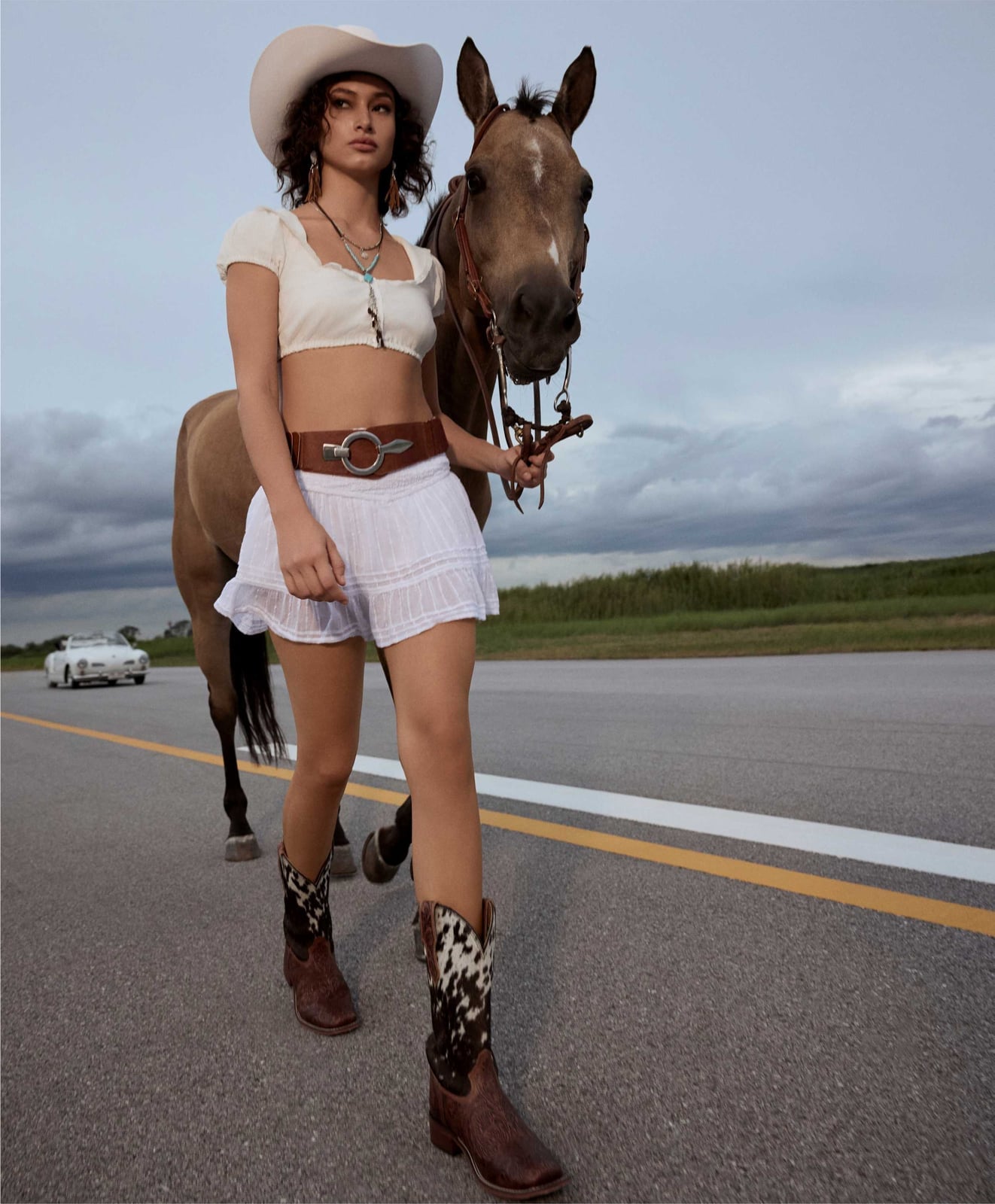 Tiered Mini Skirt With Puff Sleeve Top And Cowboy Boots — Trendy Cowgirl Outfits