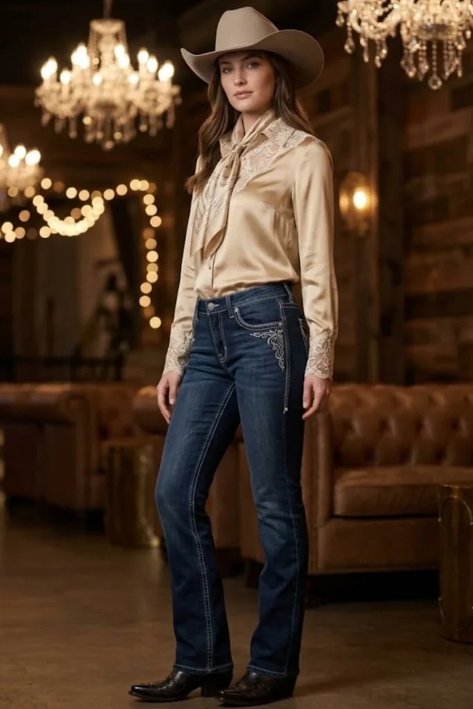 Gold Satin Blouse With Embellished Bootcut Jeans — Trendy Cowgirl Outfits