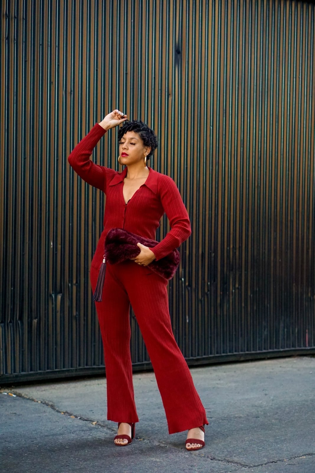 Red Ribbed Knit Jumpsuit with Faux Fur Clutch Red Ribbed Knit Jumpsuit with Faux Fur Clutch — Trendy Cozy Outfits