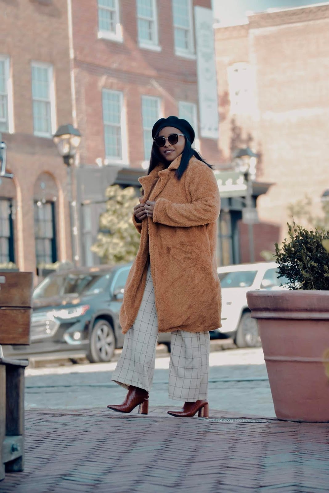 Rust Teddy Texture Coat Over Checked Pants Rust Teddy Texture Coat Over Checked Pants — Trendy Cozy Outfits
