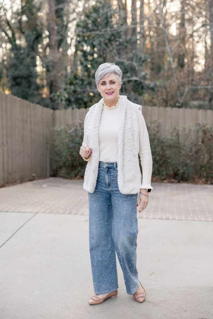 White Faux Fur Vest with Pearl Embellished Jeans White Faux Fur Vest with Pearl Embellished Jeans — Trendy Cozy Outfits