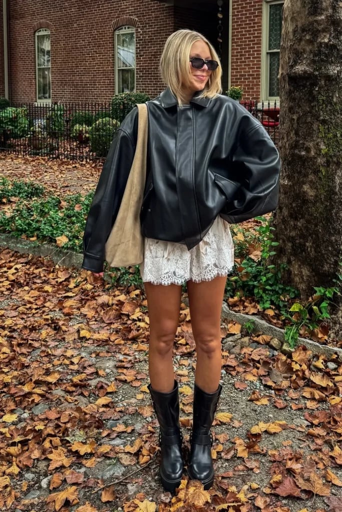 Oversized Leather Jacket with White Lace Dress Oversized Leather Jacket with White Lace Dress — Trendy Cozy Outfits