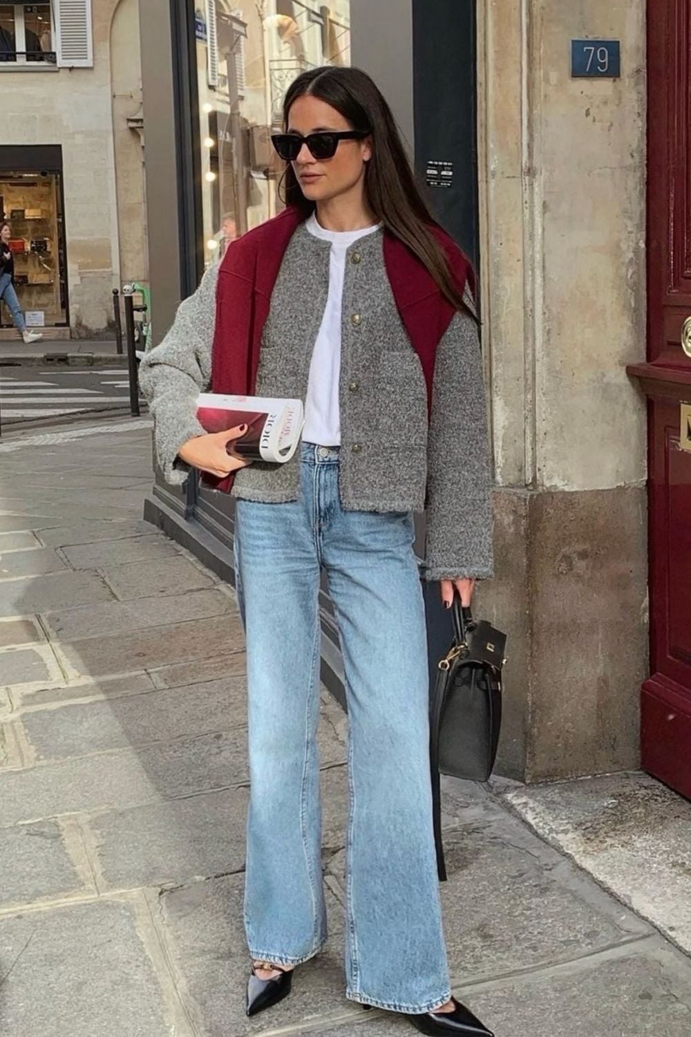 Grey Textured Jacket Over White T-shirt and Jeans Grey Textured Jacket Over White T-shirt and Jeans — Trendy Cozy Outfits