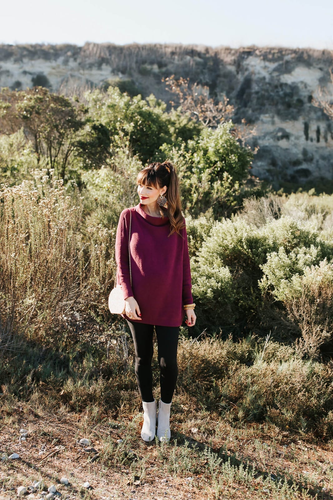 Burgundy Long Tunic Sweater Over Black Leggings Burgundy Long Tunic Sweater Over Black Leggings — Trendy Cozy Outfits