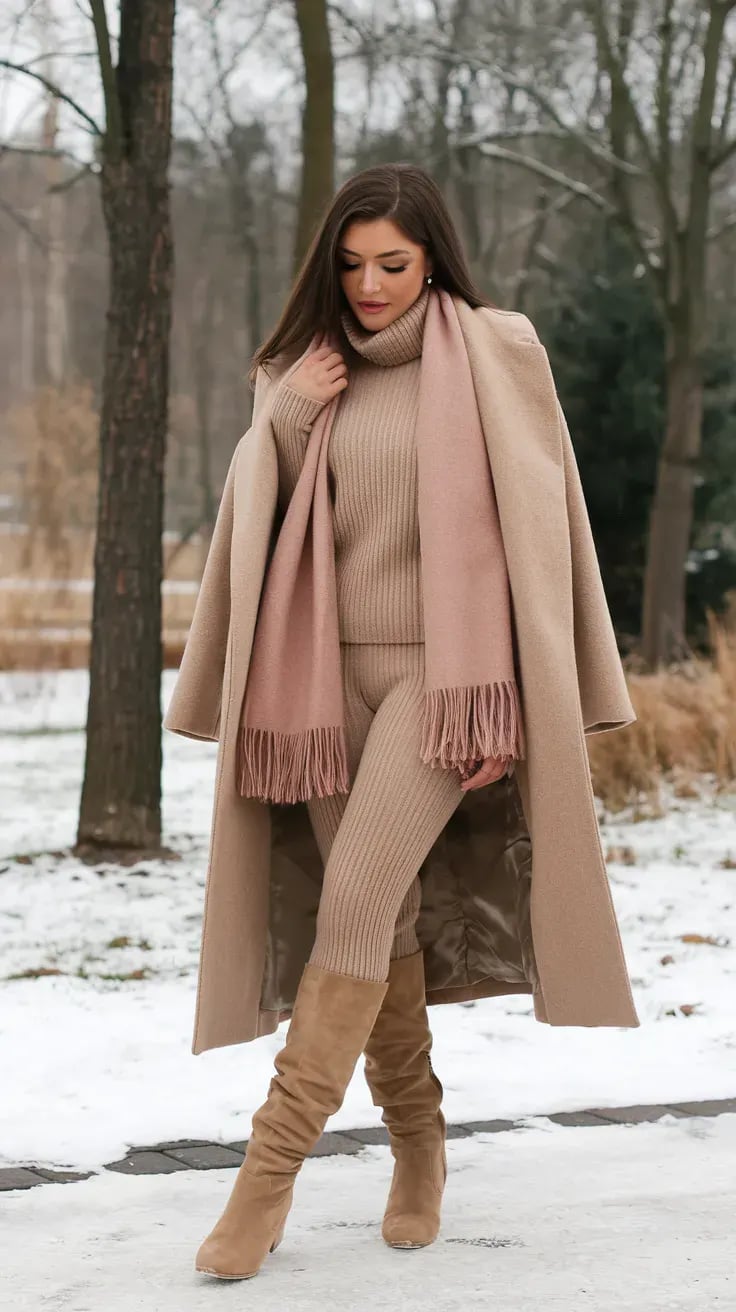 Beige Knit Dress Under an Oversized Camel Coat Beige Knit Dress Under an Oversized Camel Coat — Trendy Cozy Outfits