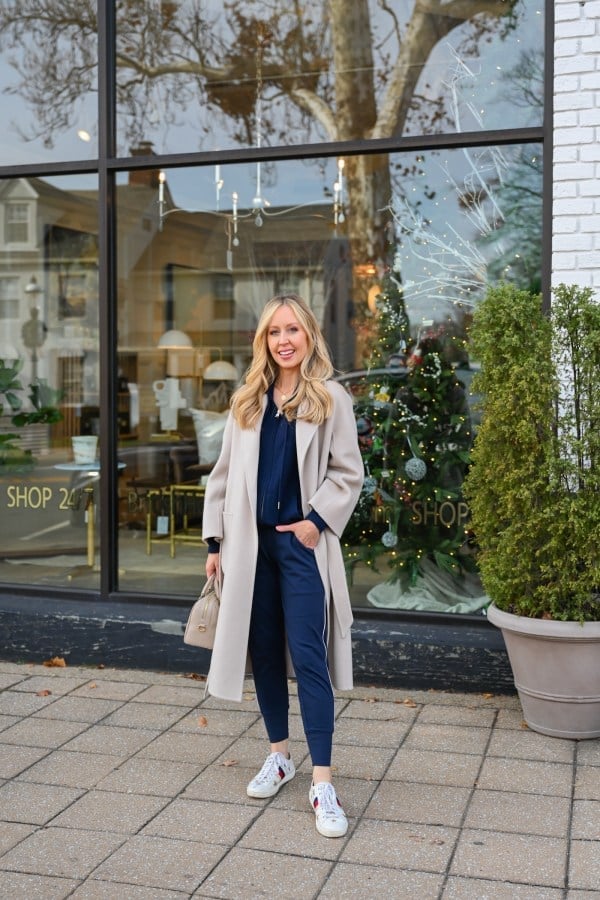 Long Beige Wool Coat Over Navy Sweat Set Long Beige Wool Coat Over Navy Sweat Set — Trendy Cozy Outfits