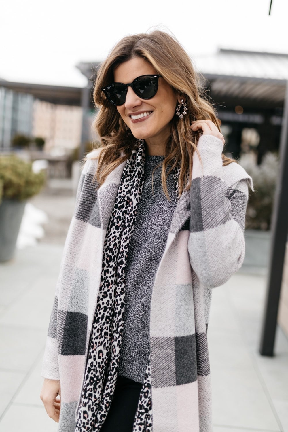 Grey Sweater and Checkered Coat with Leopard Scarf Grey Sweater and Checkered Coat with Leopard Scarf — Trendy Cozy Outfits