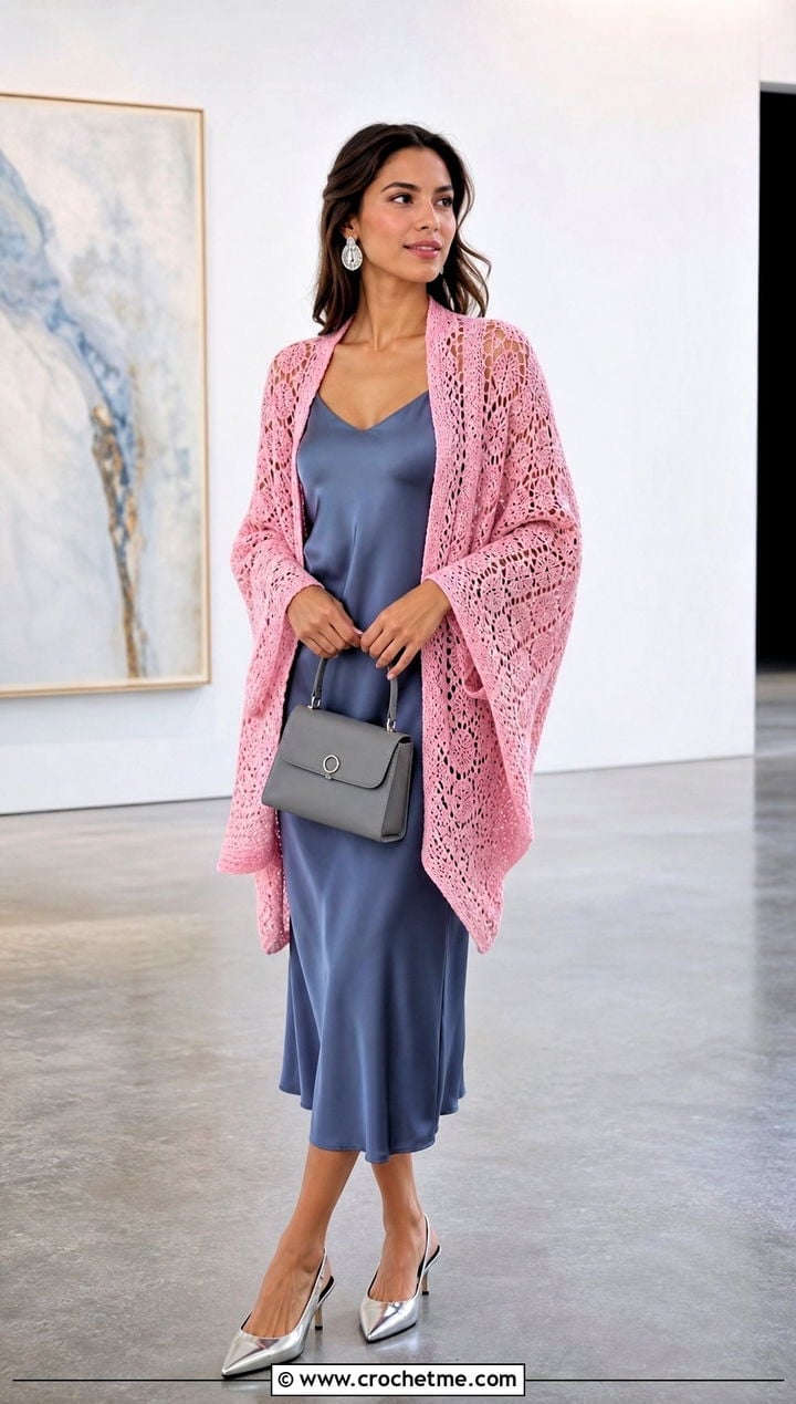 Pink Crochet Kimono Cardigan for Evening Pink Crochet Kimono Cardigan for Evening — Trendy Crochet Outfits