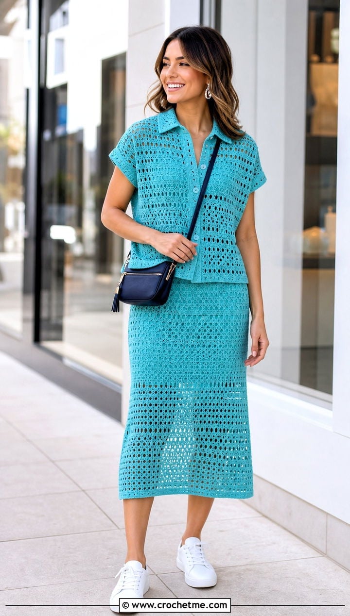 Teal Crochet Shirt and Skirt Set Teal Crochet Shirt and Skirt Set — Trendy Crochet Outfits