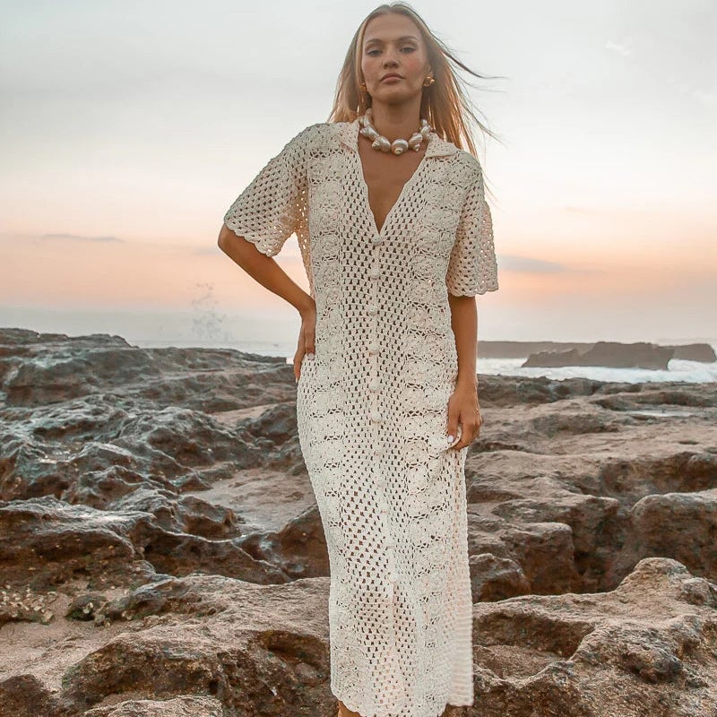 Cream Crochet Maxi Dress for Beach Vacations Cream Crochet Maxi Dress for Beach Vacations — Trendy Crochet Outfits
