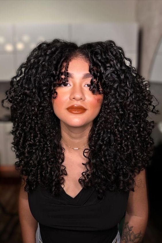 Mid-Back Curls With Face-Framing Bangs, Dark Brown Mid-Back Curls With Face-Framing Bangs, Dark Brown — Trendy Curly Hair Hairstyles