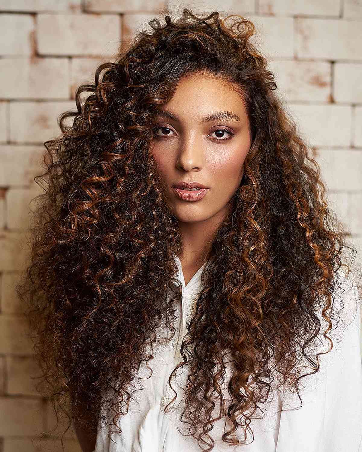 Mid-Back Layered Curls With Honey Highlights Mid-Back Layered Curls With Honey Highlights — Trendy Curly Hair Hairstyles