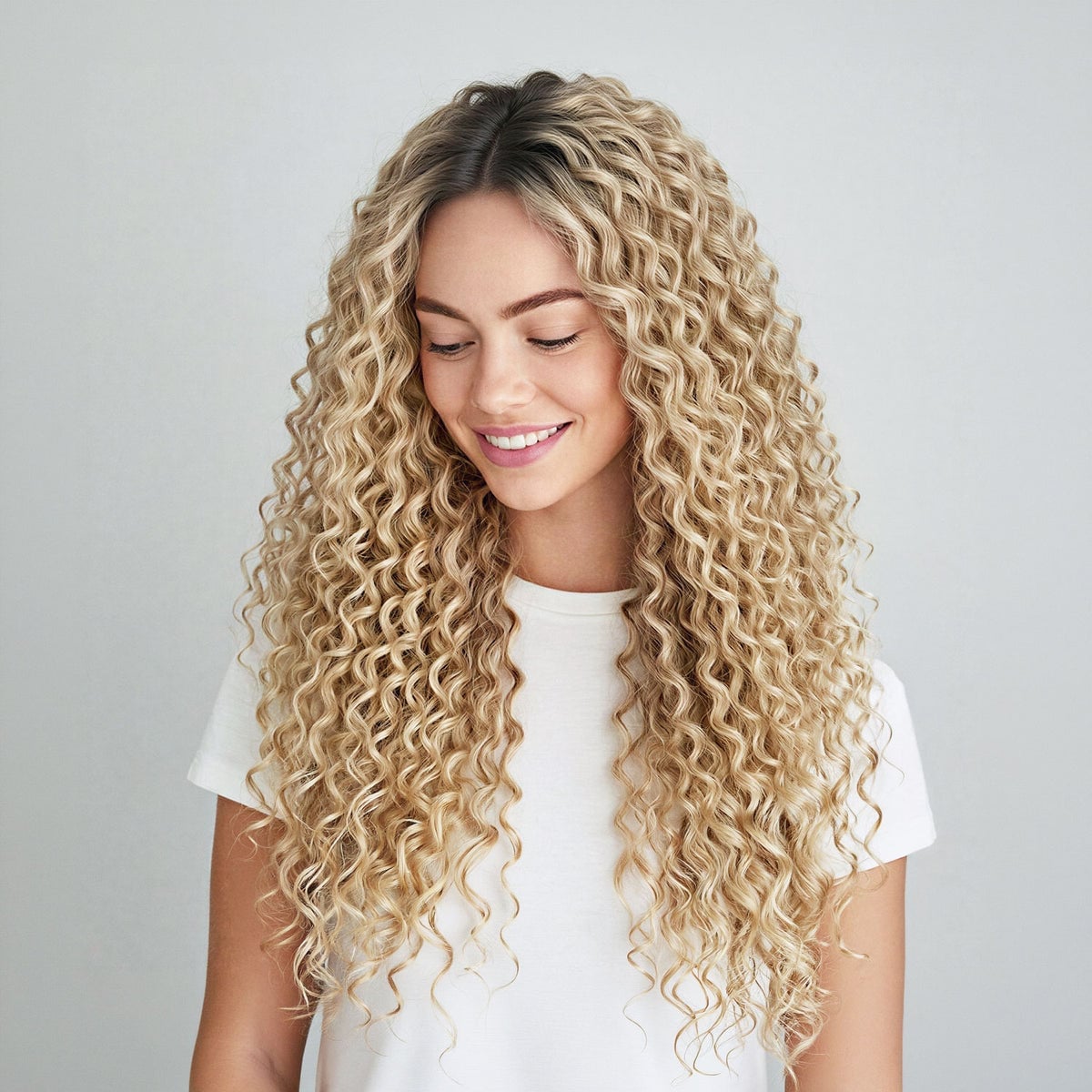 Mid-Back Blonde Curls With Root Shadow — Trendy Curly Hair Products