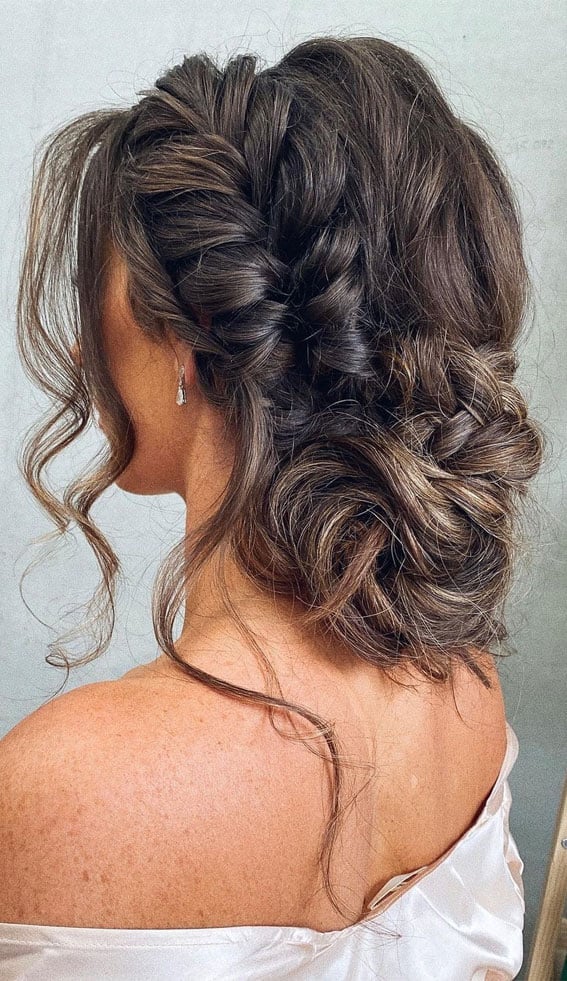 Braided Dark Brown Updo With Curtain Bangs Braided Dark Brown Updo With Curtain Bangs — Trendy Curly Updo