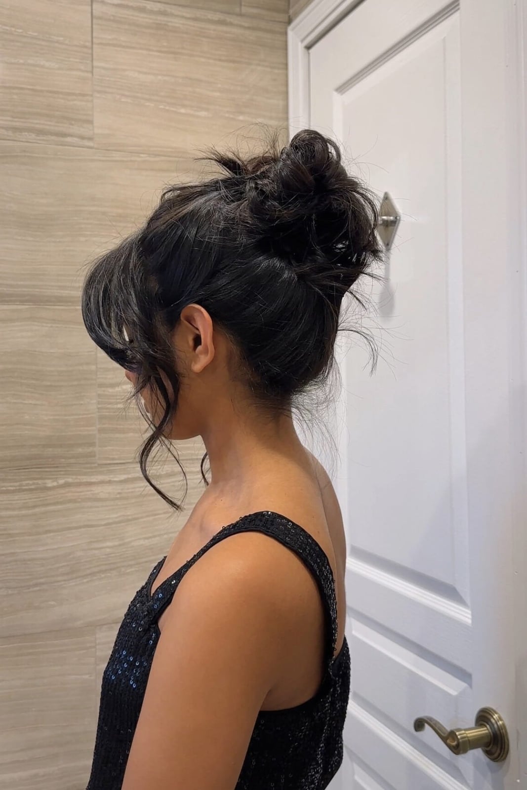 Effortless Dark Brown Wavy Messy Updo Effortless Dark Brown Wavy Messy Updo — Trendy Curly Updo