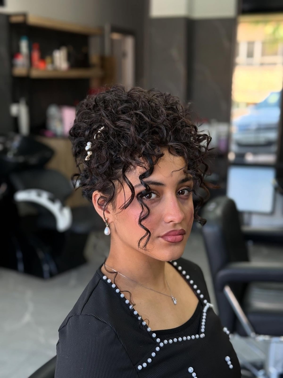 Dark Brown Updo With Blonde Highlights and Fringe Dark Brown Updo With Blonde Highlights and Fringe — Trendy Curly Updo