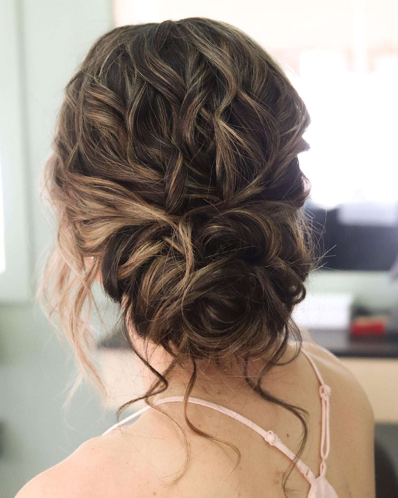 Messy Updo With Dark Brown Blonde Highlights, Mid-Back Messy Updo With Dark Brown Blonde Highlights, Mid-Back — Trendy Curly Updo