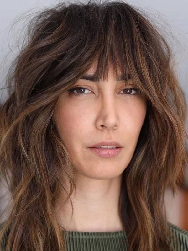 Collarbone Layered Lob With Wispy Bangs, Wavy — Trendy Cutting Bangs