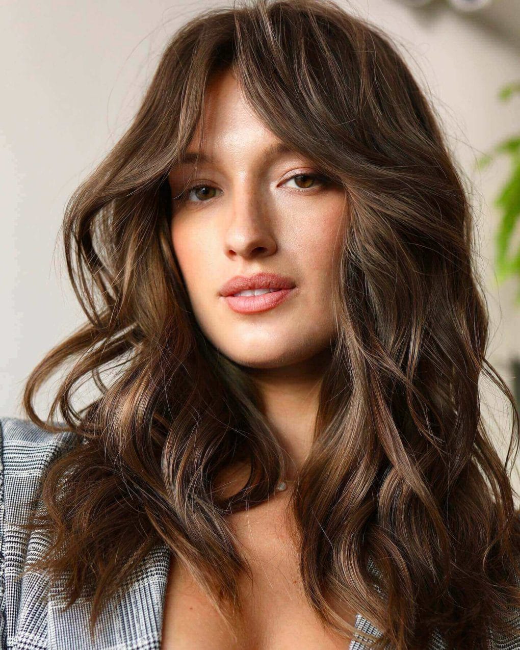 Mid-Back Dark Brown Layers With Curtain Bangs — Trendy Cutting Bangs
