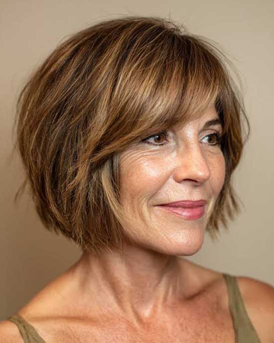 Chin Length Layered Bob With Side Bangs — Trendy Cutting Bangs