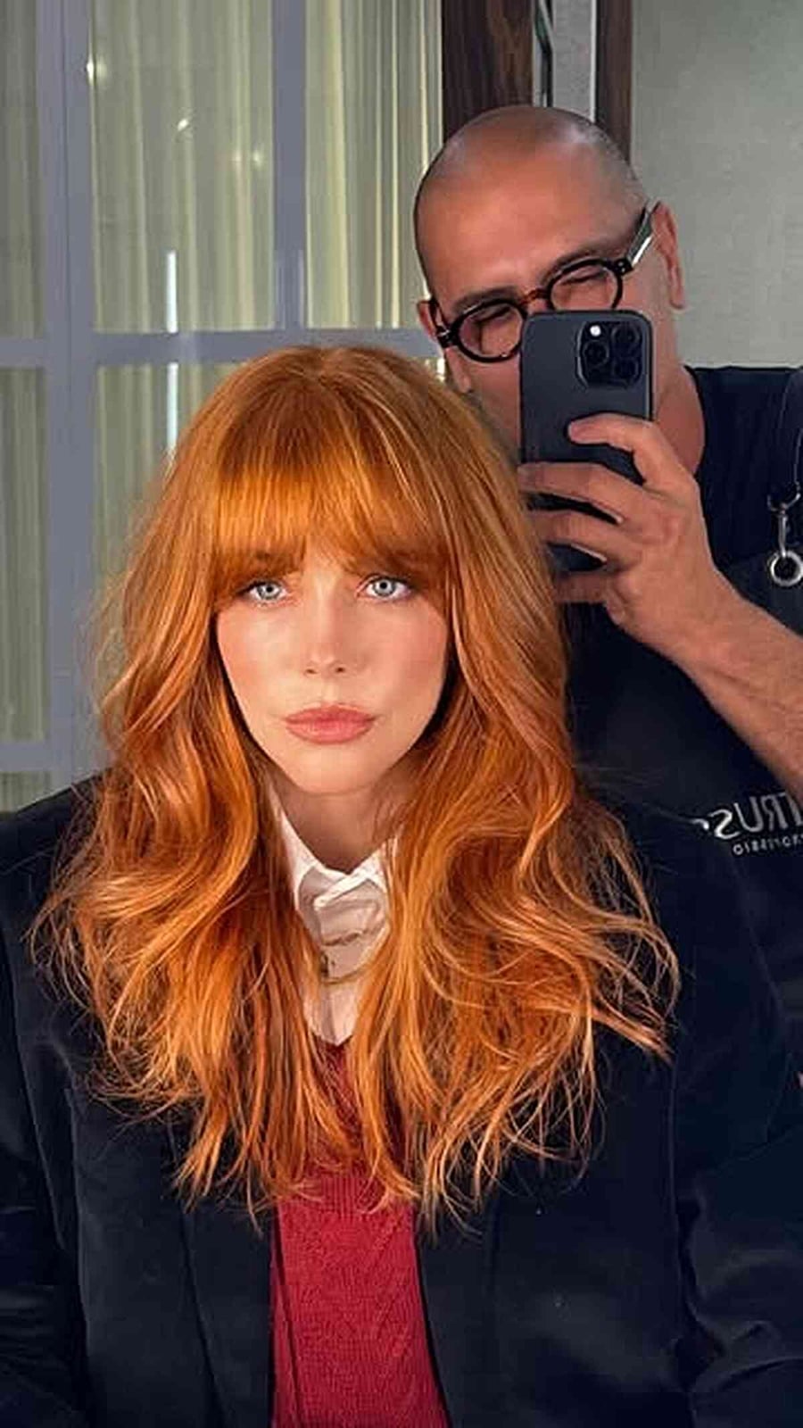 Mid-Back Copper Waves With Curtain Bangs — Trendy Cutting Bangs
