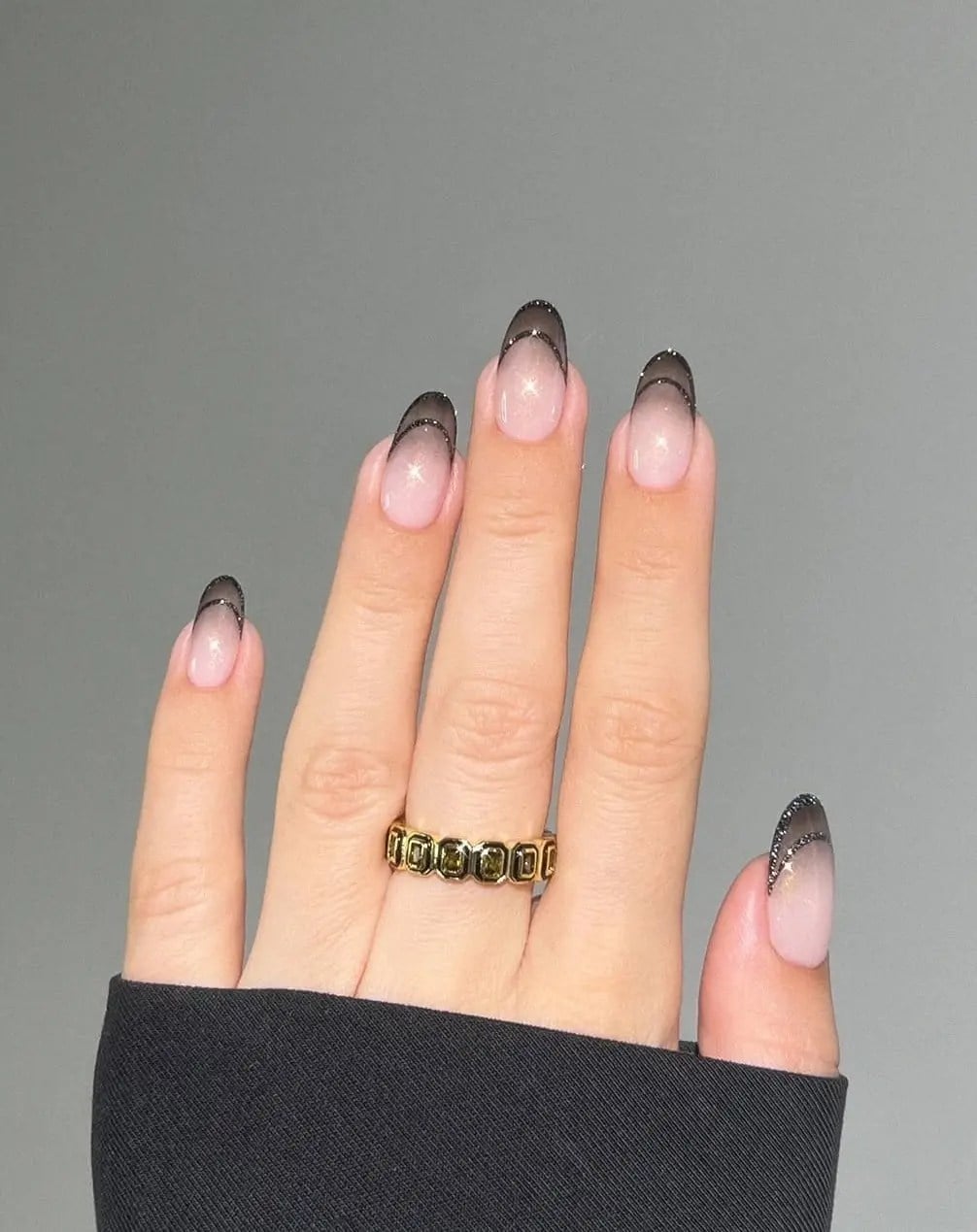 Glossy Black to Nude Ombre Oval Nails — Trendy Dark Nails