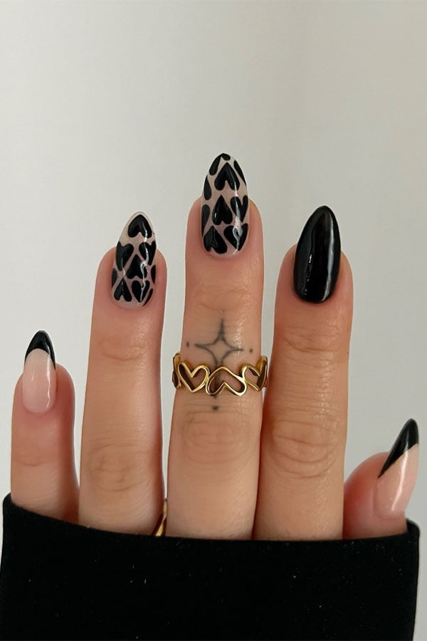 Black French Tip with Black Heart Almond Nails — Trendy Dark Nails