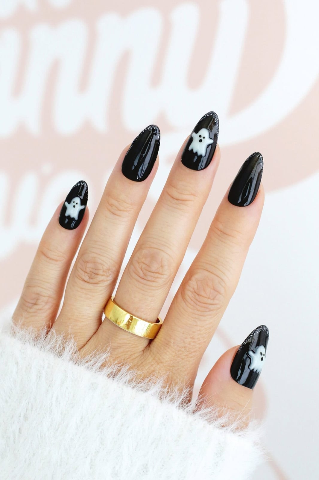 Glossy Black with White Ghost Almond Nails — Trendy Dark Nails