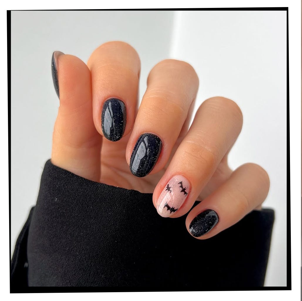 Glittery Navy Blue with Black Bat Oval Nails — Trendy Dark Nails