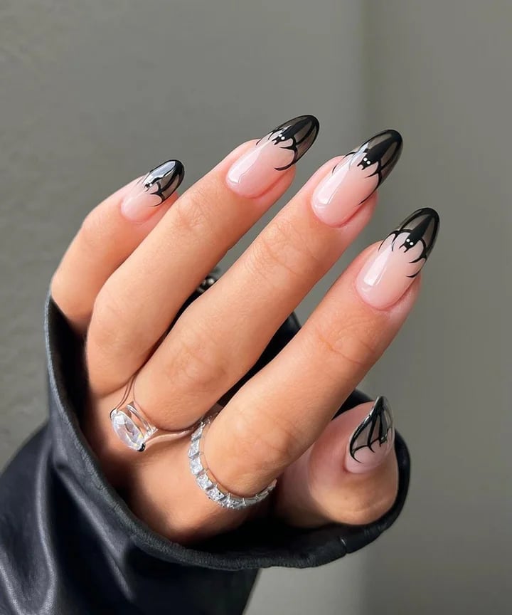 Black French Tip with Bat Motif Long Almond Nails — Trendy Dark Nails