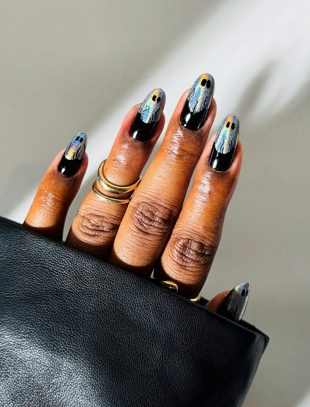 Holographic Ghost Black Stiletto Nails — Trendy Dark Nails