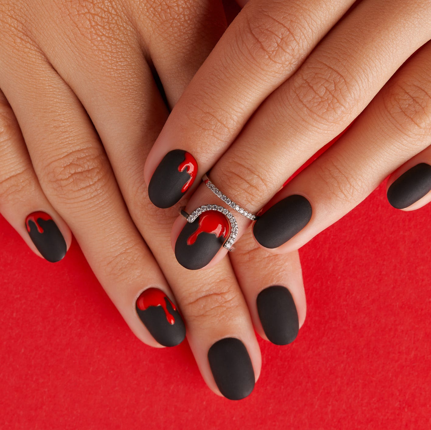 Matte Black with Red Blood Drip Oval Nails — Trendy Dark Nails