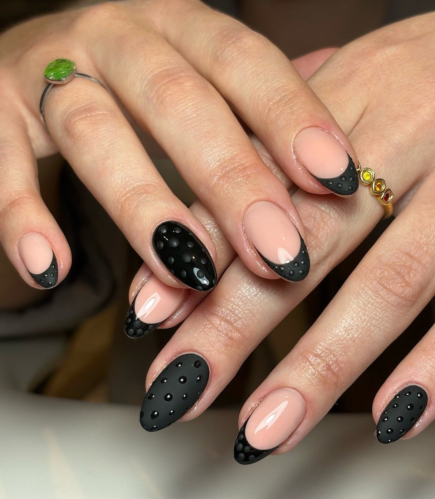 Short Oval Matte Black with 3D Dots — Trendy Dark Nails